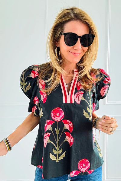 Women's Casual Elegance Black Floral Puff Sleeve Blouse with Striped Contrast - Chic V-Neck Top for Everyday Style