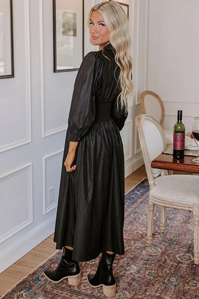 Chic Women's Black Fit and Flare Midi Dress with Smocked Waist and Zipped Front, Perfect for Any Occasion