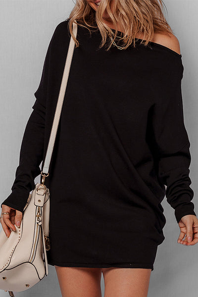 Trendy Women's Black Asymmetric Batwing Sleeve Mini Sweater Dress Effortless Chic Style for Any Occasion