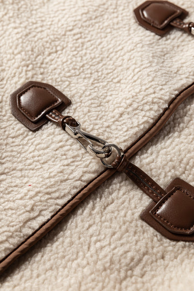 Women's Apricot Faux Shearling Toggle Coat with Contrast Piping
