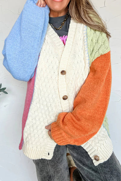 Cozy Chic Women's Beige Cable Knit Color Block Sweater with V-Neck, Drop Shoulders, and Puff Sleeves