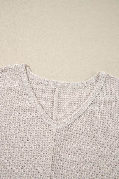 Women's Relaxed Fit White Waffle Knit V-Neck Top with Side Slits - Effortless Casual Shirt for Stylish Everyday Wear