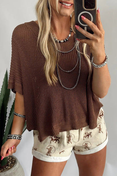 Cozy Women's Loose Coffee V-Neck Half Sleeve Sweater - Effortless Casual Style for Everyday Comfort