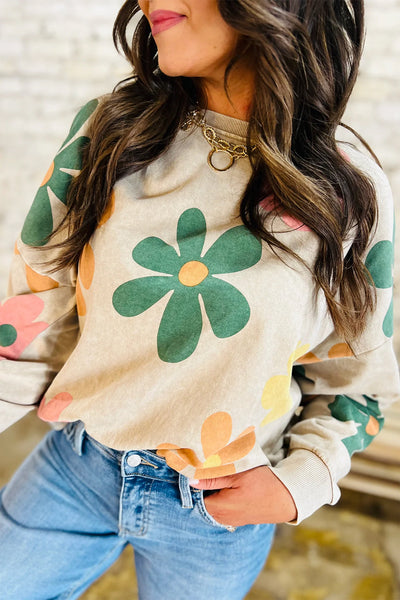 Trendy Women's Khaki Mineral Wash Sweatshirt with Floral Print and Drop Shoulders for Effortless Casual Style
