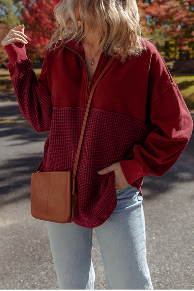 Cozy Women's Red Dahlia Waffle Knit Half-Zip Sweatshirt with Patchwork Design for Casual Everyday Wear