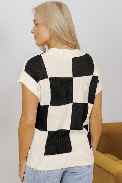 Chic Women's Black Checkered Color Block Sweater - Short Sleeve Crew Neck for Effortless Casual Style