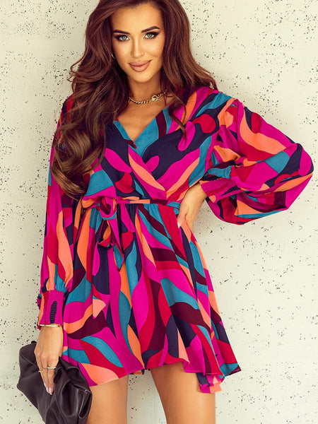 Lapel Print Lace-Up Long Sleeve Dress