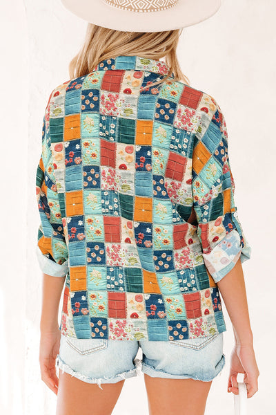 Women's Patchwork Floral Print Long Sleeve V-Neck Blouse