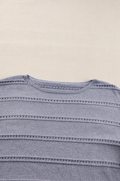 Light Grey Pointelle Knit Sweater for Women - Cozy Boat Neck, Drop Shoulder Design for Effortless Everyday Style