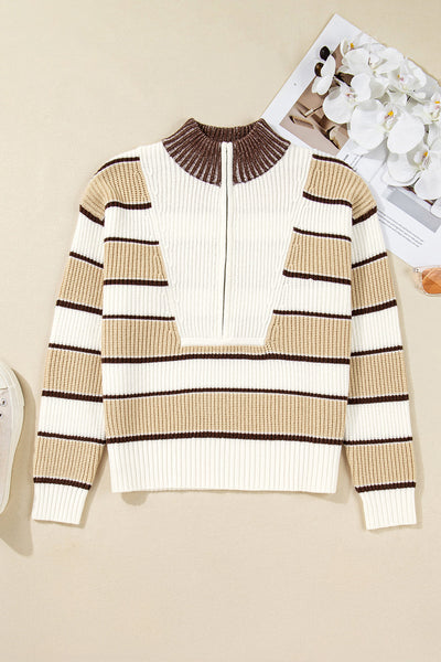 Women's Khaki Stripe Half-Zip Sweater with Drop Shoulder