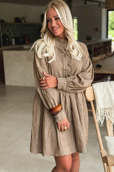 Chic Women's Long Sleeve Khaki Stripe Mini Shirt Dress with Frilled Trim and Button Front for Effortless Style