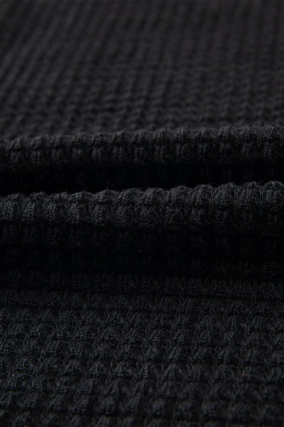 Cozy Women's Black Waffle Knit Long Sleeve Top with Drop Shoulders - Relaxed Casual Essential for Everyday Style
