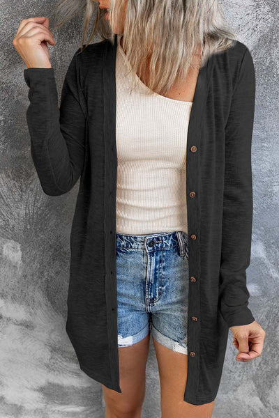 Stylish Women's Black Open-Front Cardigan with Button Details  Cozy Layering Essential for Any Occasion