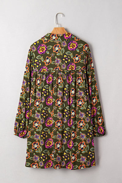 Plus Size Women's Green Floral V-Neck Mini Dress with Shirt Collar, Loose Fit for Effortless Chic Style
