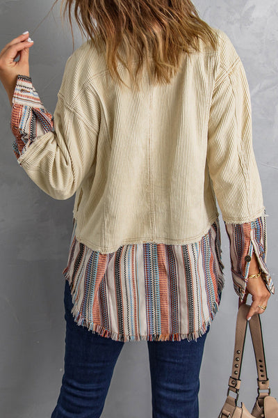 Cozy Women's Color Block Striped Corduroy Jacket with Button-Up Front and Pockets - Perfect Fall Outerwear made for easy styling and wardrobe