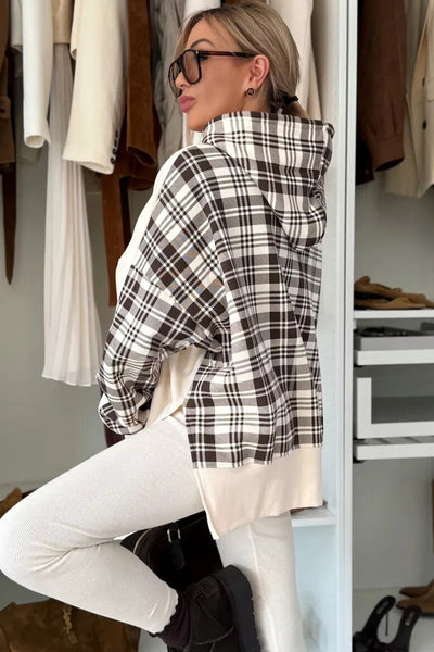 Trendy Women's Beige Plaid Patchwork Sweatshirt with Side Slit - Cozy Casual Fall Fashion Essential