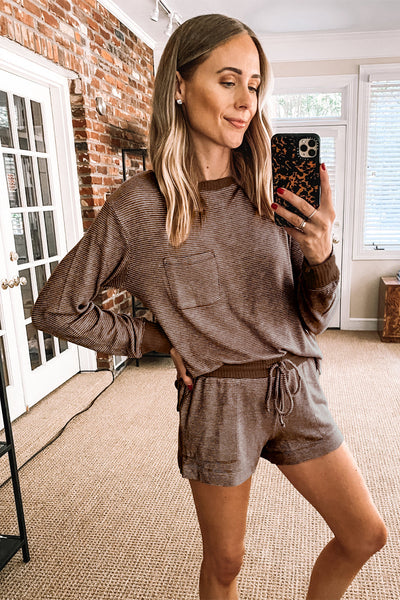 Women's Casual Khaki Striped Ribbed Long Sleeve Top and Drawstring Shorts Set - Stylish 2-Piece Comfortable Outfit