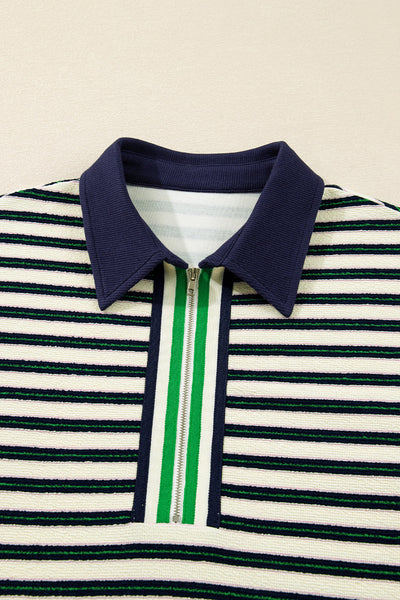 women's chic women's navy blue striped long sleeve top with contrast collar and zip v-neck - casual everyday style with practical styling and