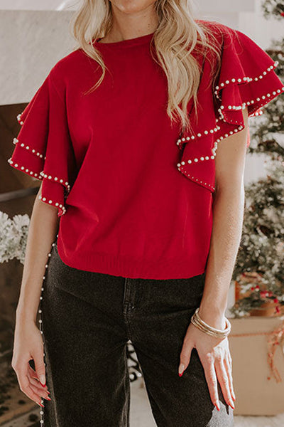Chic Women's Racing Red Sweater with Pearl Embellishments and Double Ruffle Short Sleeves - Trendy Fit for Stylish Looks