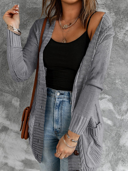 Cozy Dark Gray Knit Button-Up Cardigan with Front Pockets