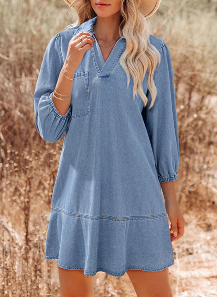 Stylish Women's Beau Blue Denim Dress with V-Neck, Collared Long Sleeves, and Chic Chest Pocket for Effortless Elegance