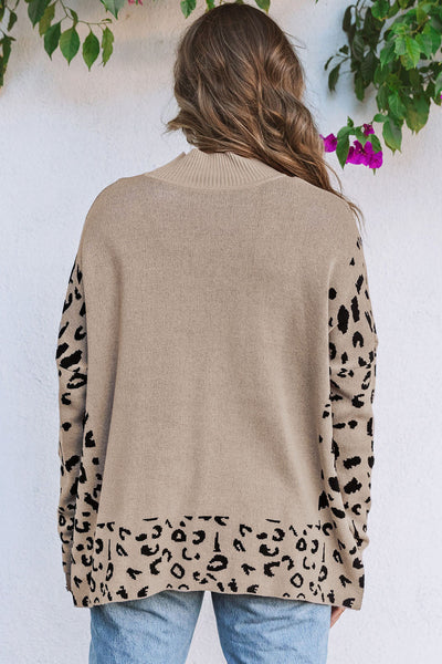Trendy Women's Oversized Khaki Leopard Print Sweater with High Neck and Side Slits for Cozy Style made for easy styling and wardrobe coordination,