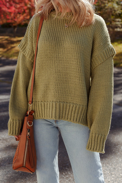 Cozy Guacamole Green Ruffled Sweater for Women - Relaxed Fit Chunky Knit for Effortless Style and Comfort