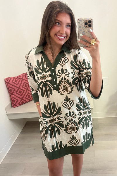 Women's Green Floral Mini Dress with Color Block Trim & 3/4 Sleeves - Ideal for Casual Outings and Vacation Wear