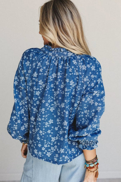 Women's Blue Floral Print Denim Shirt with Frilled Trim and Long Sleeves - Stylish Casual Fit for Everyday Wear