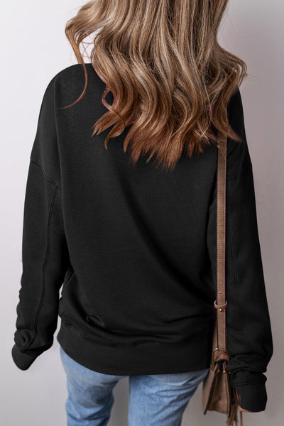 Women's Black Crisscross Stitch Sweatshirt with Pockets - Relaxed Fit for Cozy Casual Style