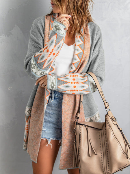 Plus Size Casual Cardigan, Women's Plus Letter Print Long Sleeve Open Front Cardigan