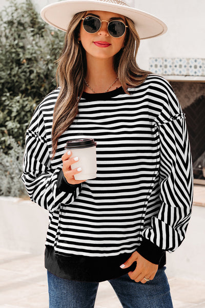 Chic Women's Black Stripe Drop Shoulder Pullover Top with Exposed Seams for Effortless Casual Style