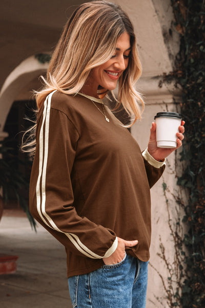 Women's Varsity Stripe Long Sleeve Cotton-Elastane Tee in Espresso