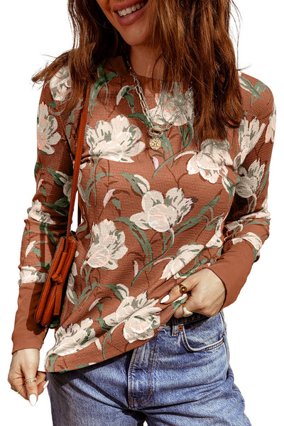 Women's Waffle Texture Khaki Floral Print Long Sleeve Top - Chic Casual Style for All Seasons
