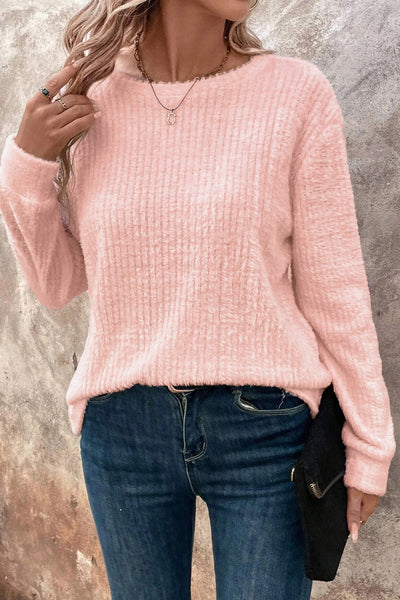Cozy Light Pink Fuzzy Ribbed Long Sleeve Sweater for Women - Casual Chic Round Neck Top for Effortless Style