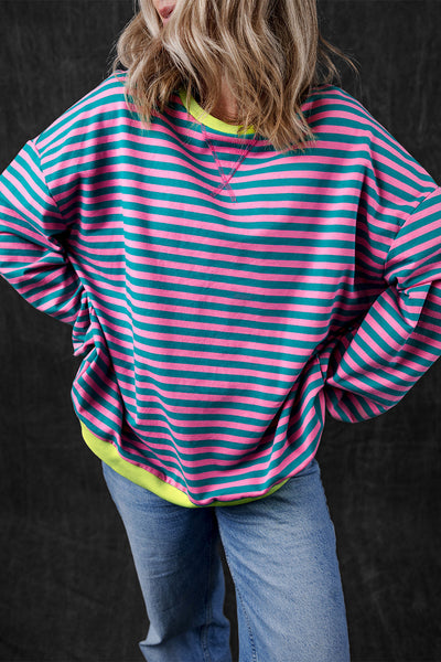 Women's Cozy Green Stripe Oversized Sweatshirt with Contrast Trim - Effortless Casual Pullover for Chic Comfort