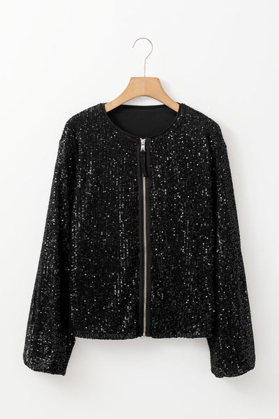 Chic Women's Black Sequin Zip-Up Jacket with Round Neck and Long Sleeves for Glamorous Night Out Fashion