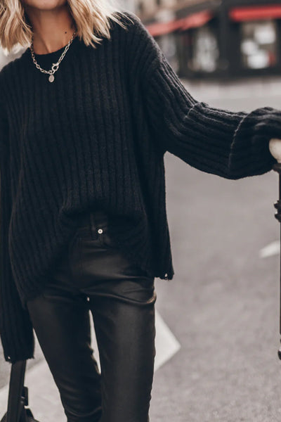 Cozy Women's Black Ribbed Slouchy Knit Sweater with Distressed Edges - Effortless Chic for Casual Comfort