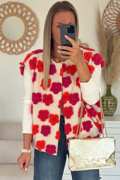Chic Women's Racing Red Plush Open Front Vest with Floral Embellishments - Perfect Layering Piece for Effortless Style