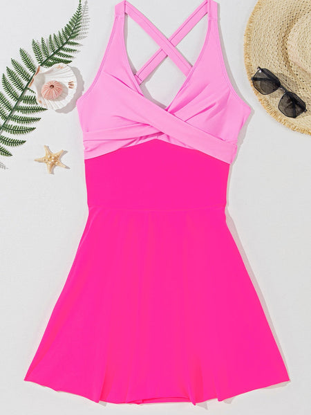 Rose Red Flared One-Piece Swimsuit with Crisscross Back Straps
