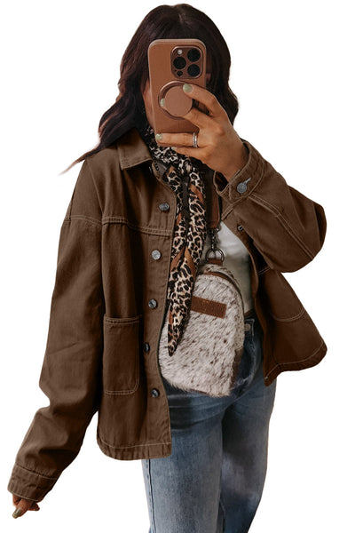 Trendy Women's Coffee Denim Jacket with Patched Pockets, Collared Button Front, Relaxed Fit for Effortless Style