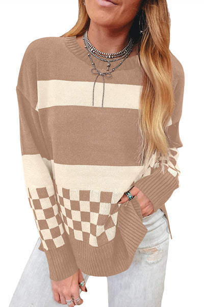 Cozy Women's Smoke Gray Checkered Color Block Knit Sweater with Drop Shoulder Chic Style for Any Occasion