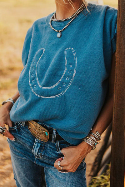 Casual Light Blue Loose Short Sleeve Sweater with Horse Shoe Embroidery for Women - Trendy Knitwear for Everyday Style