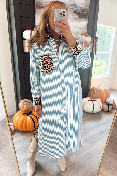 Women's Sky Blue Striped Leopard Patchwork Midi Shirt Dress