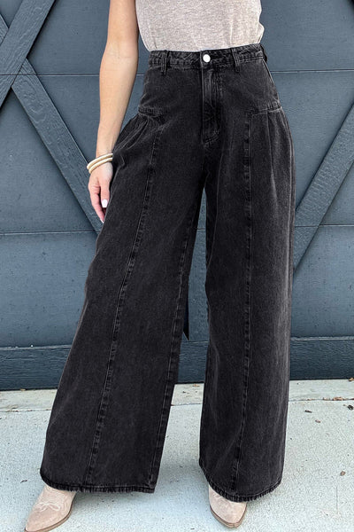 chic women's dark grey pleated wide leg denim pants with mineral wash - easy and wearable for everyday fashion made for easy styling and wardrobe with