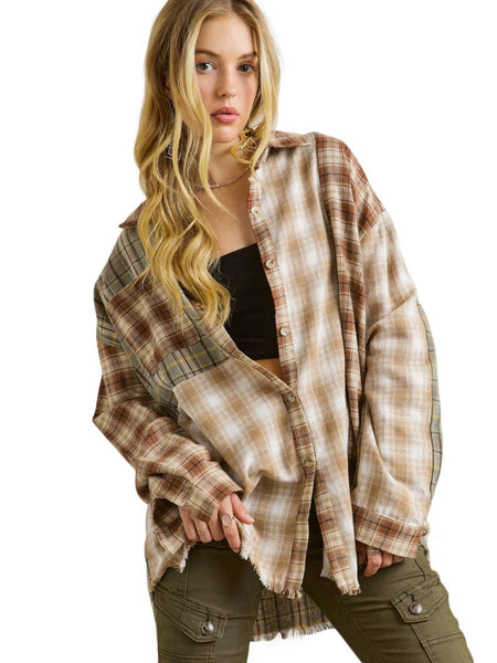 Rustic Brown Patchwork Plaid Shacket with Raw Edge Finishing