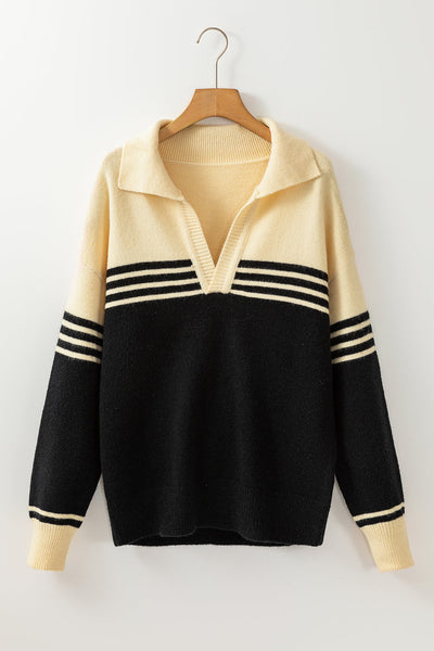 Stylish Women's Black and Colorblock Stripe V-Neck Sweater - Cozy Knit Top for Casual Chic Outfits