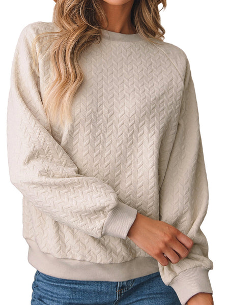 Cozy Beige Quilted Texture Pullover with Raglan Sleeves