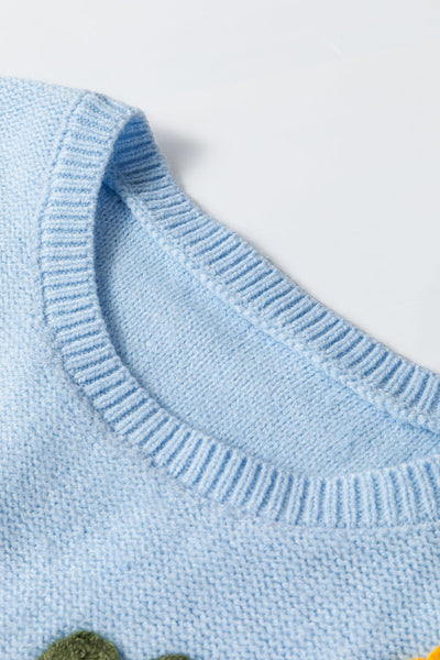 Cozy Women's Light Blue Ribbed Floral Sweater - Stylish Knit Top for Every Season, Perfect for Casual Outings