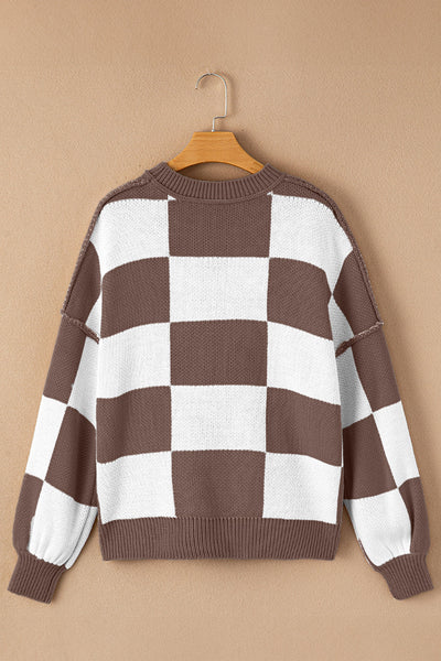 Chic Brown Checkered Sweater for Women - Cozy Knit Pullover with Relaxed Fit for Effortless Casual Style